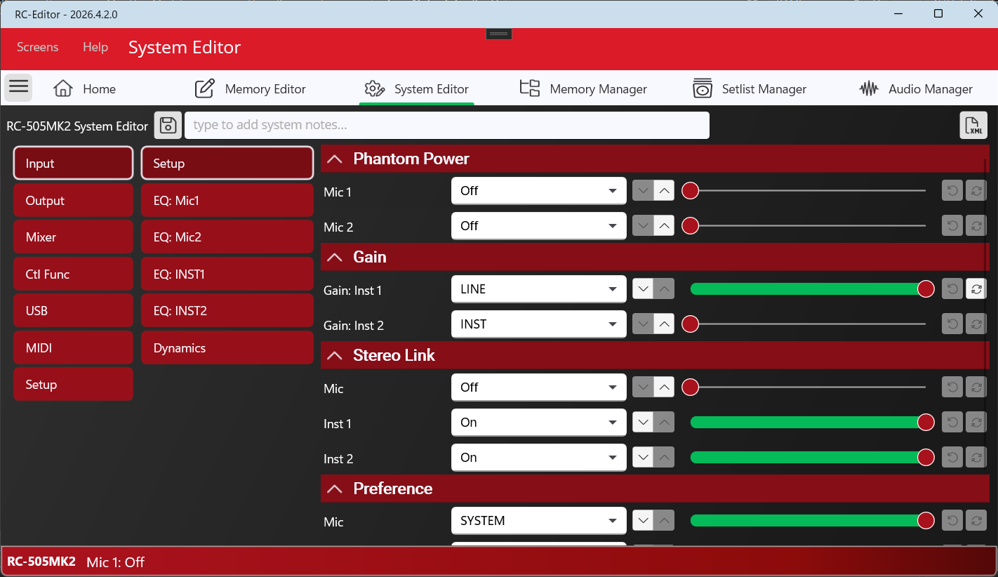 RC-Editor system editor showing global looper settings