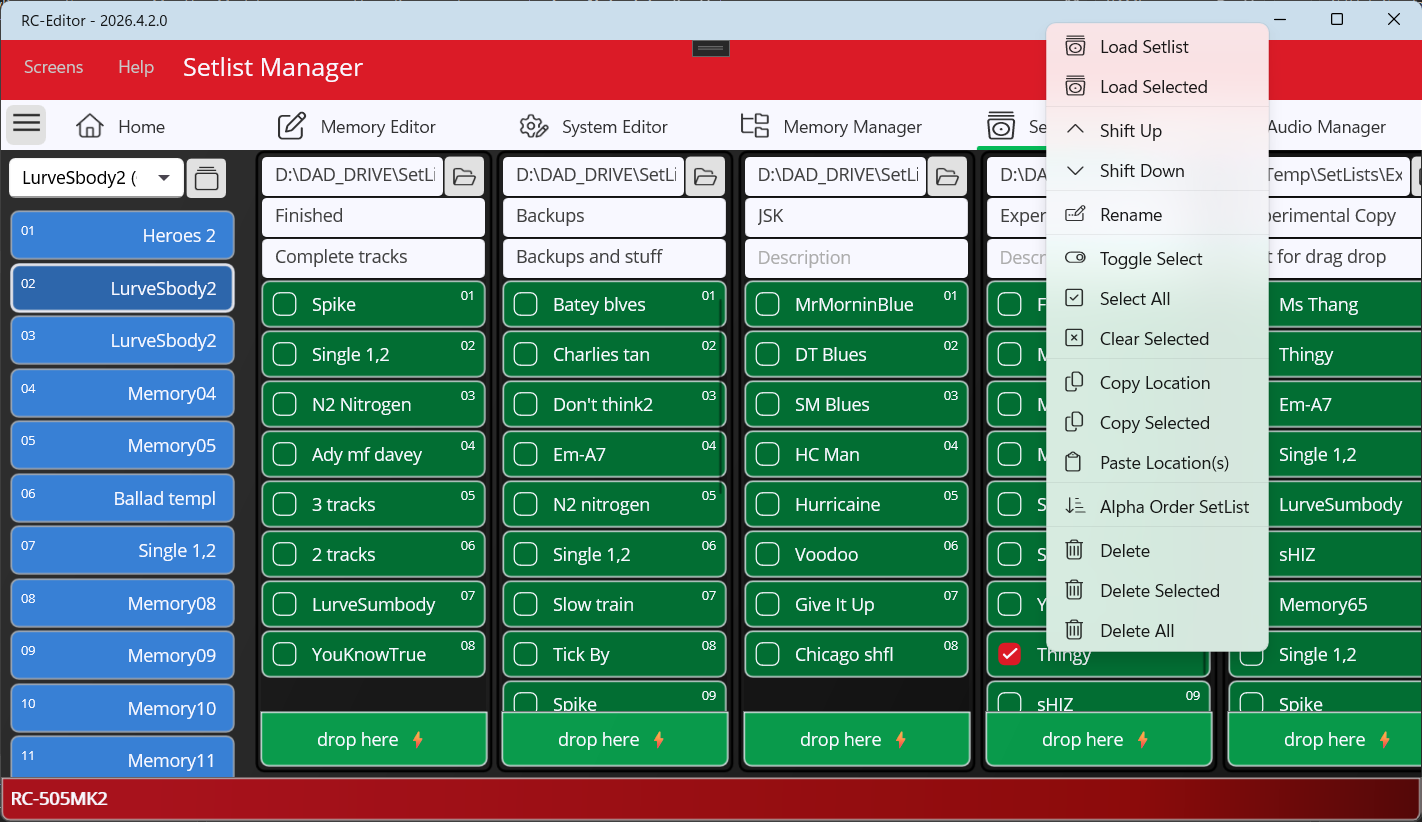 RC-Editor Setlist Manager arranging memories into a performance setlist