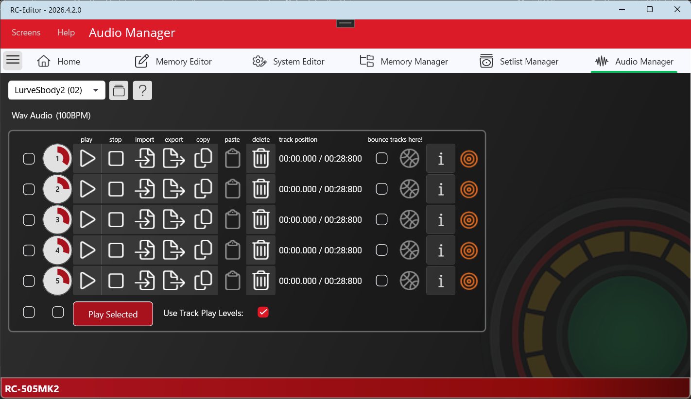RC-Editor Audio Manager with loop tracks and playback controls