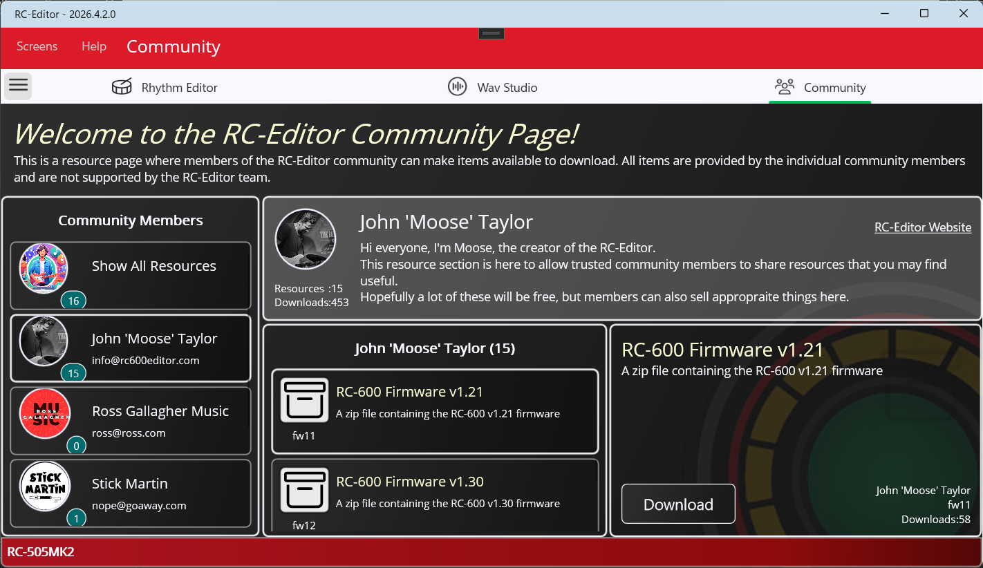 RC-Editor in-app Community Downloads screen showing shared resources